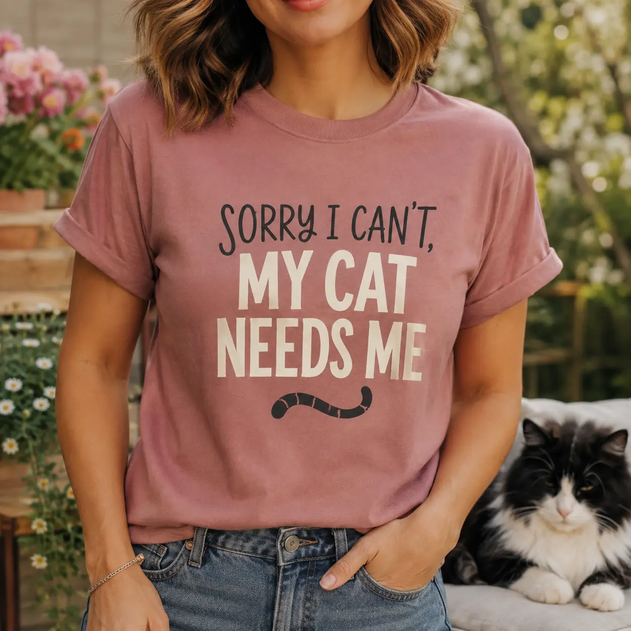 Sorry I Can’t, My Cat Needs Me funny cat T-shirt design