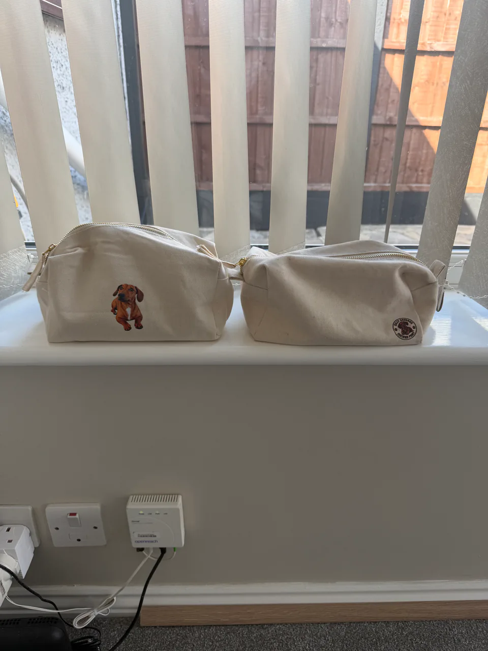 Two real personalised dachshund portrait canvas pouches