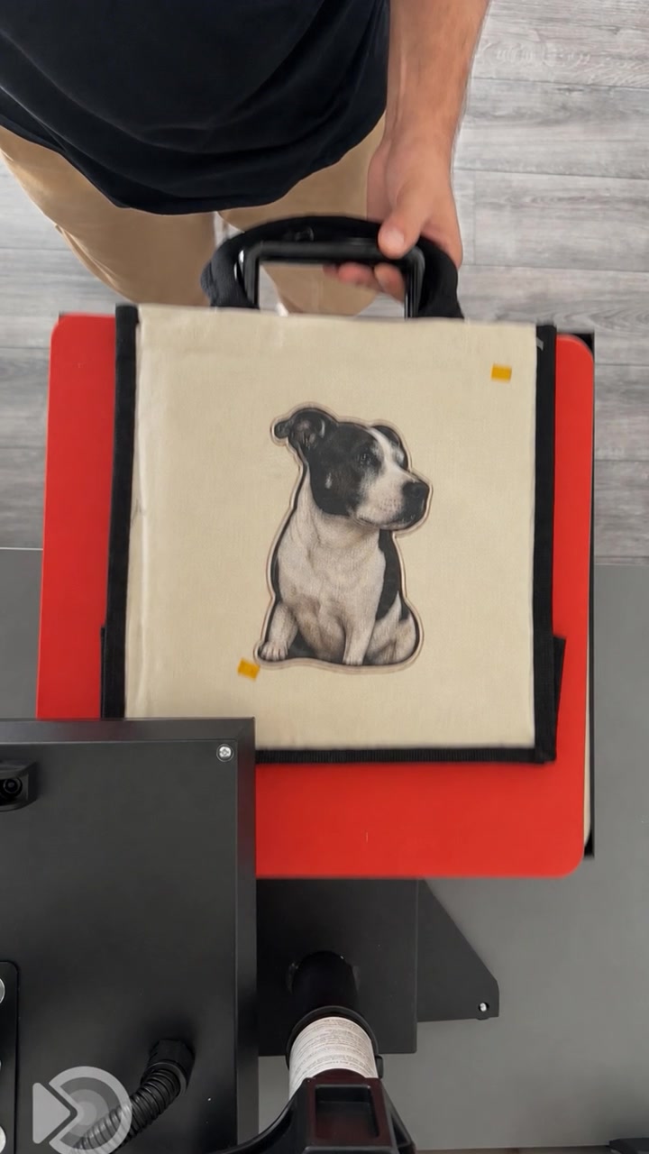 Real Kodi personalised pet portrait tote on Terry's heat press