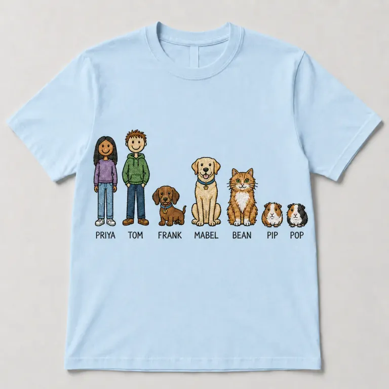Personalised family and pet portrait T-shirt design featuring a cat