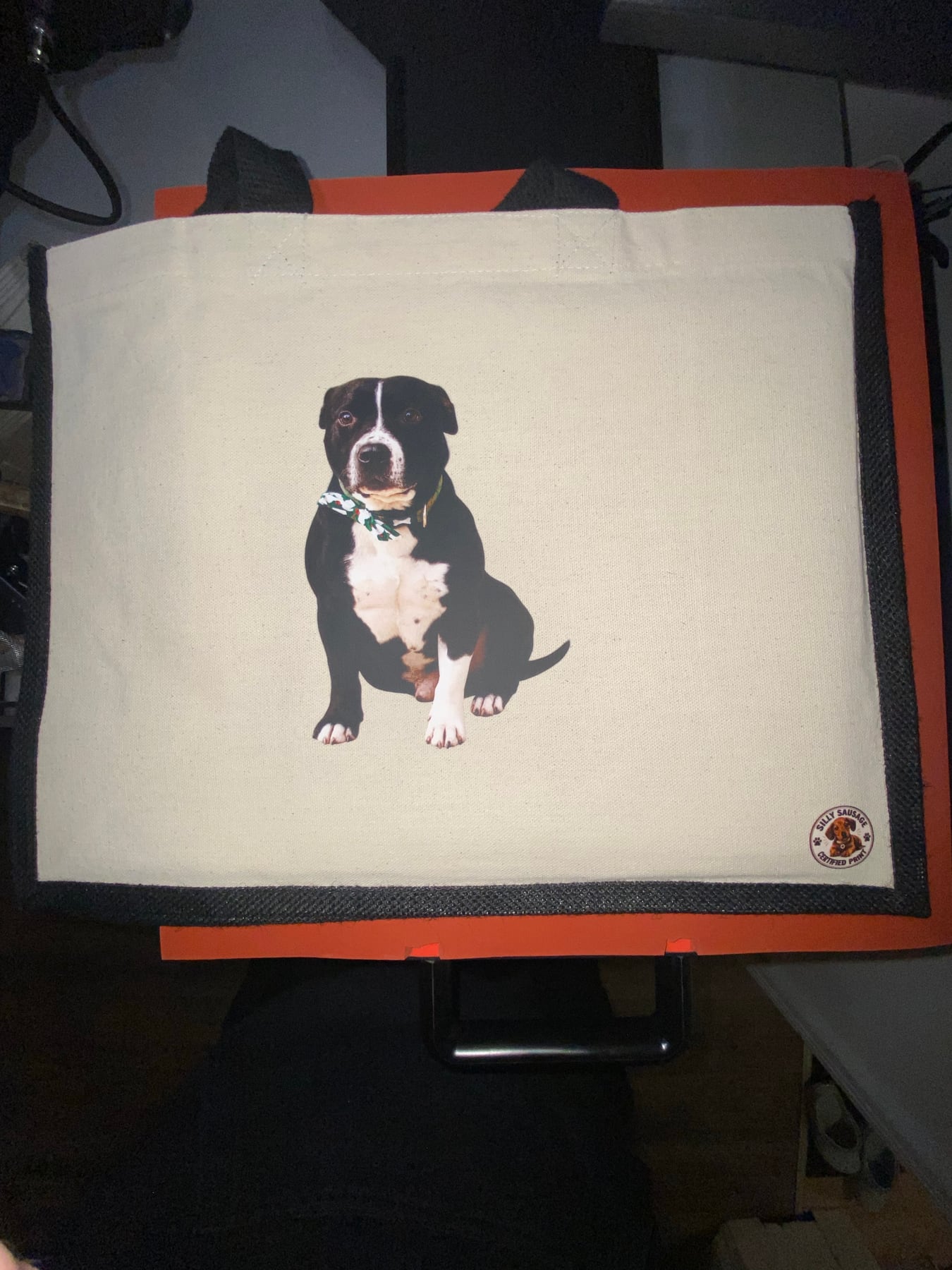 Front view of the finished black-trim personalised dog tote