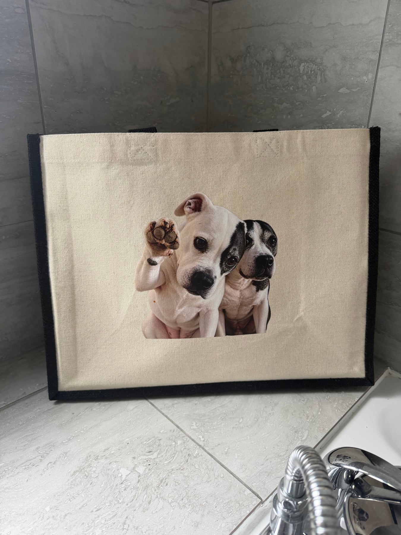 Finished black-trim shopper printed with two pet portraits