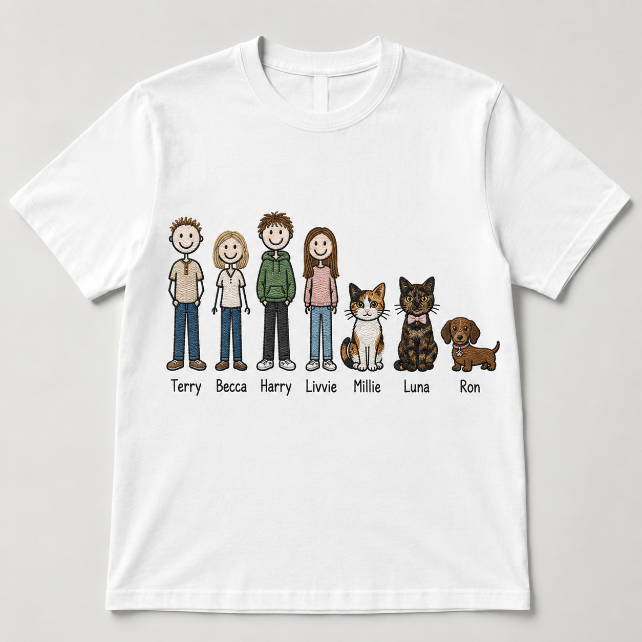 Personalised T-shirt featuring a family and their pets
